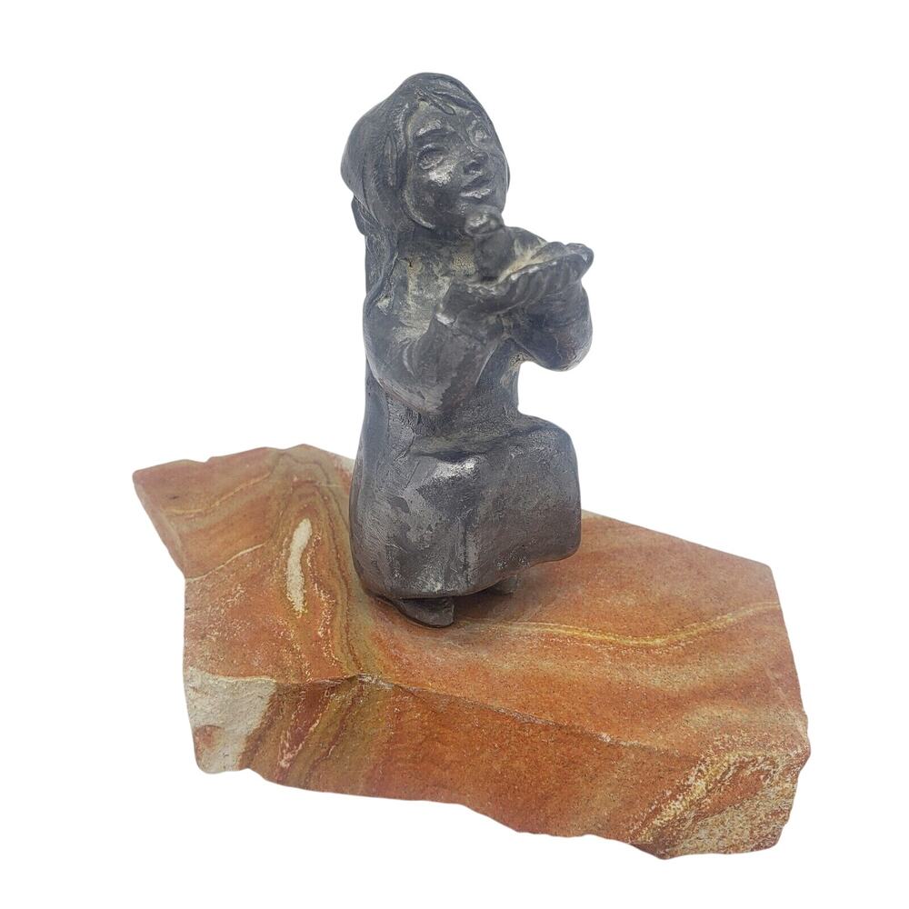 Vintage 1975 Solid Pewter Inuit Girl‎ Figurine With Bird on Sandstone Base